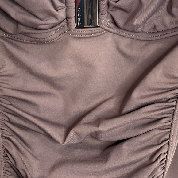 Calvin Klein Pleated One Piece Swimsuit Brown Slimming Size 10 Silver Logo Swim - Picture 2 of 14